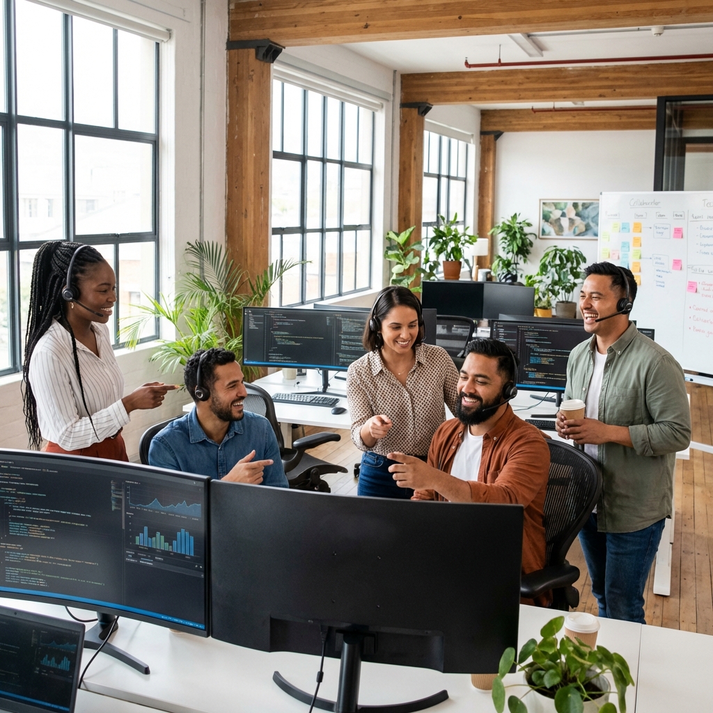 Diverse South African tech support team in a modern office